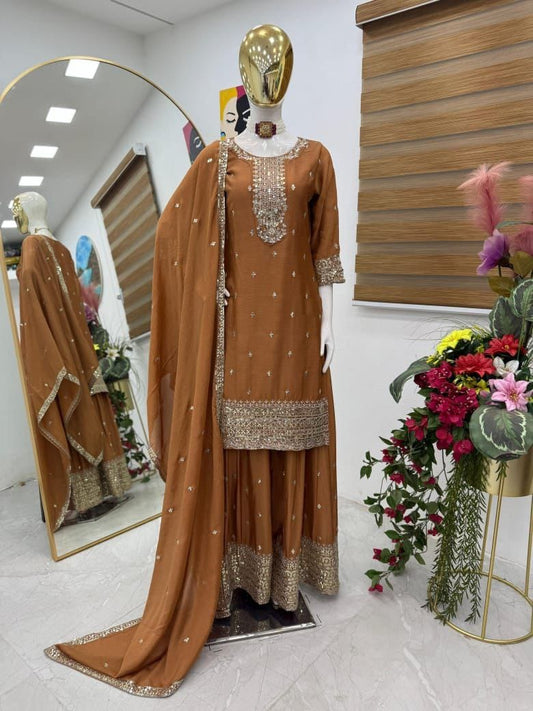 Designer Party Top Pallazo & Dupatta Set in brown color