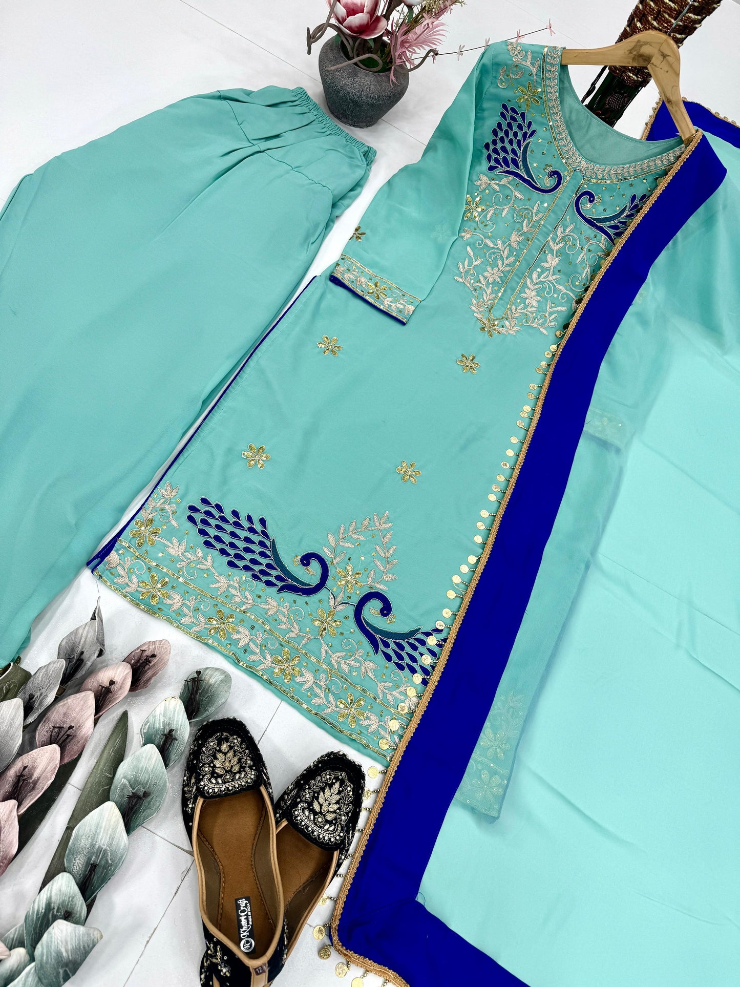 georgette embroidered coding sequence work with fancy top-plazzo dupatta set