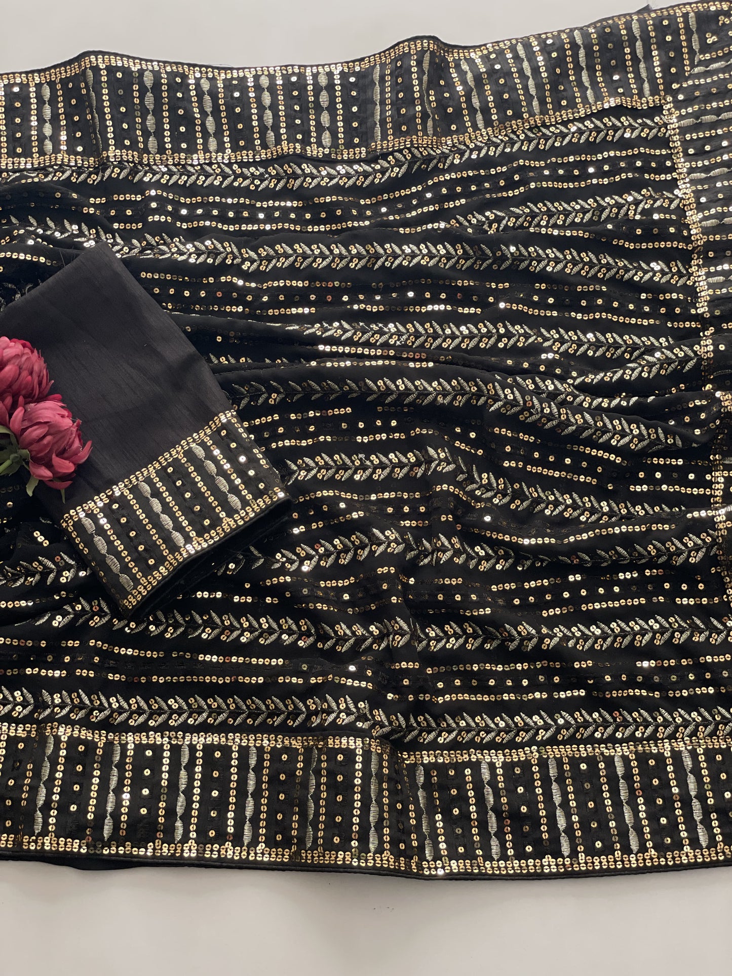 Black Color Beautiful Partywear Georgette Fabric Saree