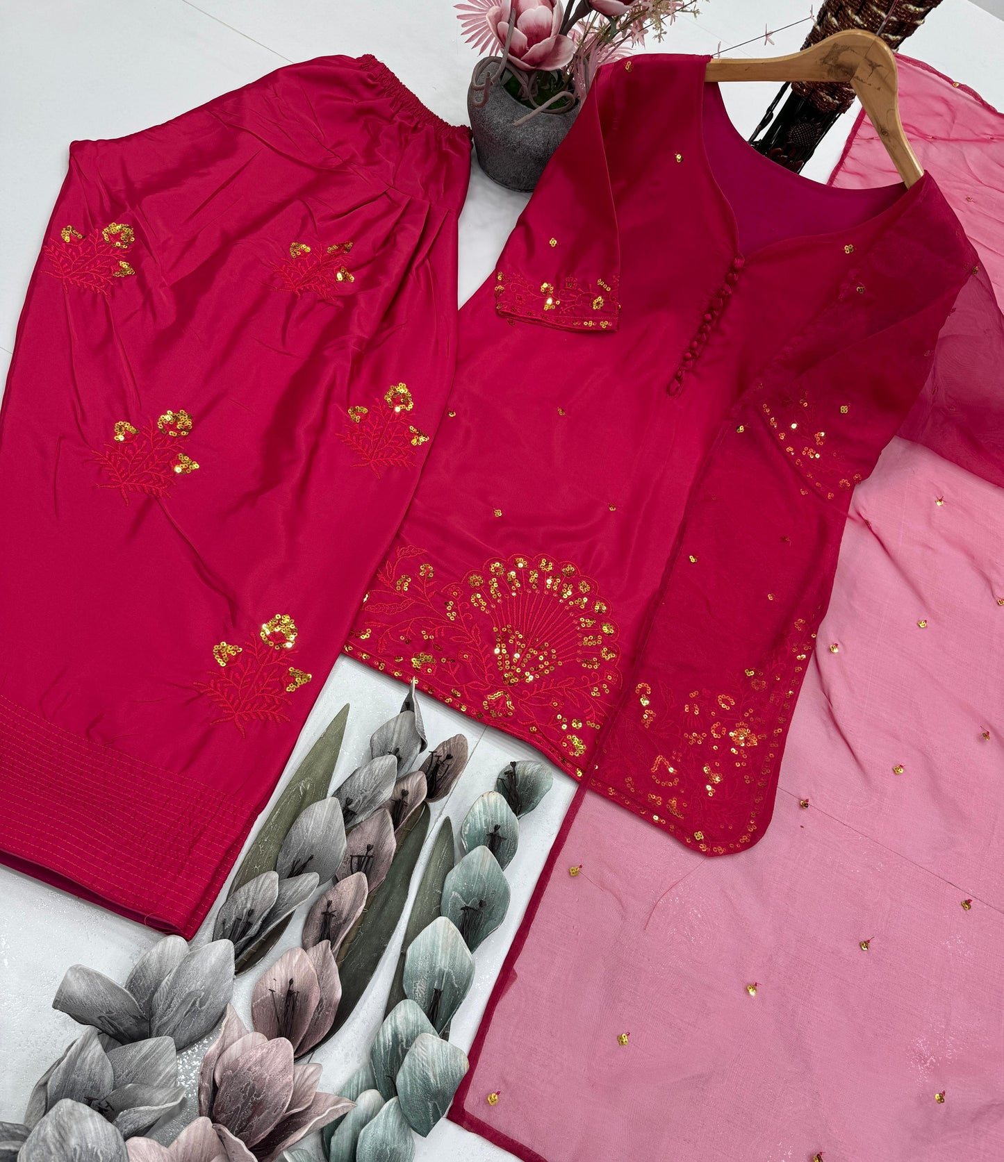franch crap embroidered sequence work with fancy top-plazzo dupatta set