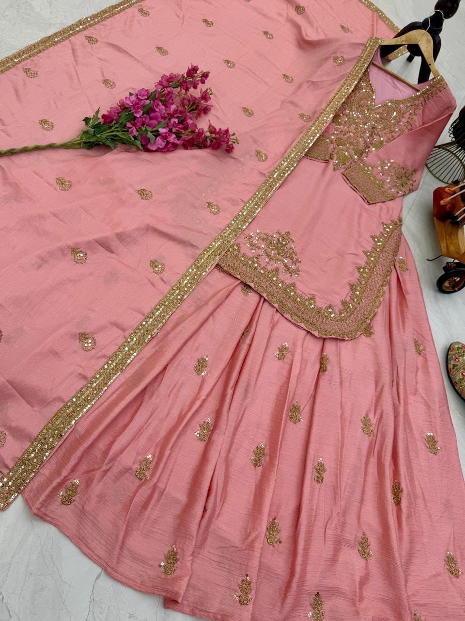 Pink Color Beautiful Sharara Suit in Chinon FAbric