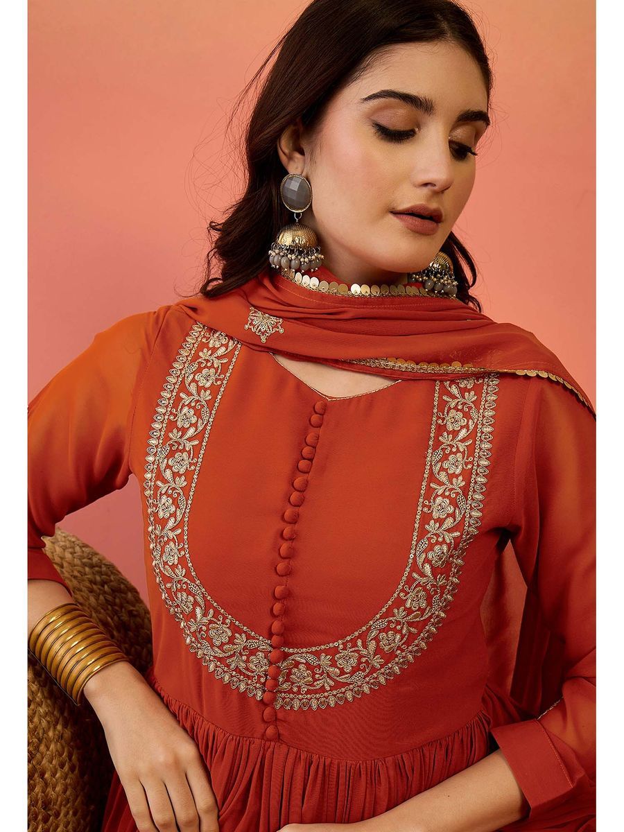 georgette with embroidery sequence work gown and dupatta set fully stitched
