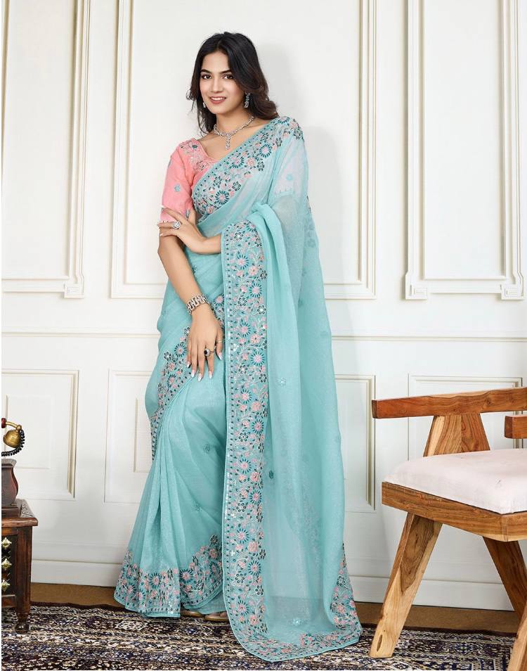 Sky BLue Color Beautiful Curnchy silk saree