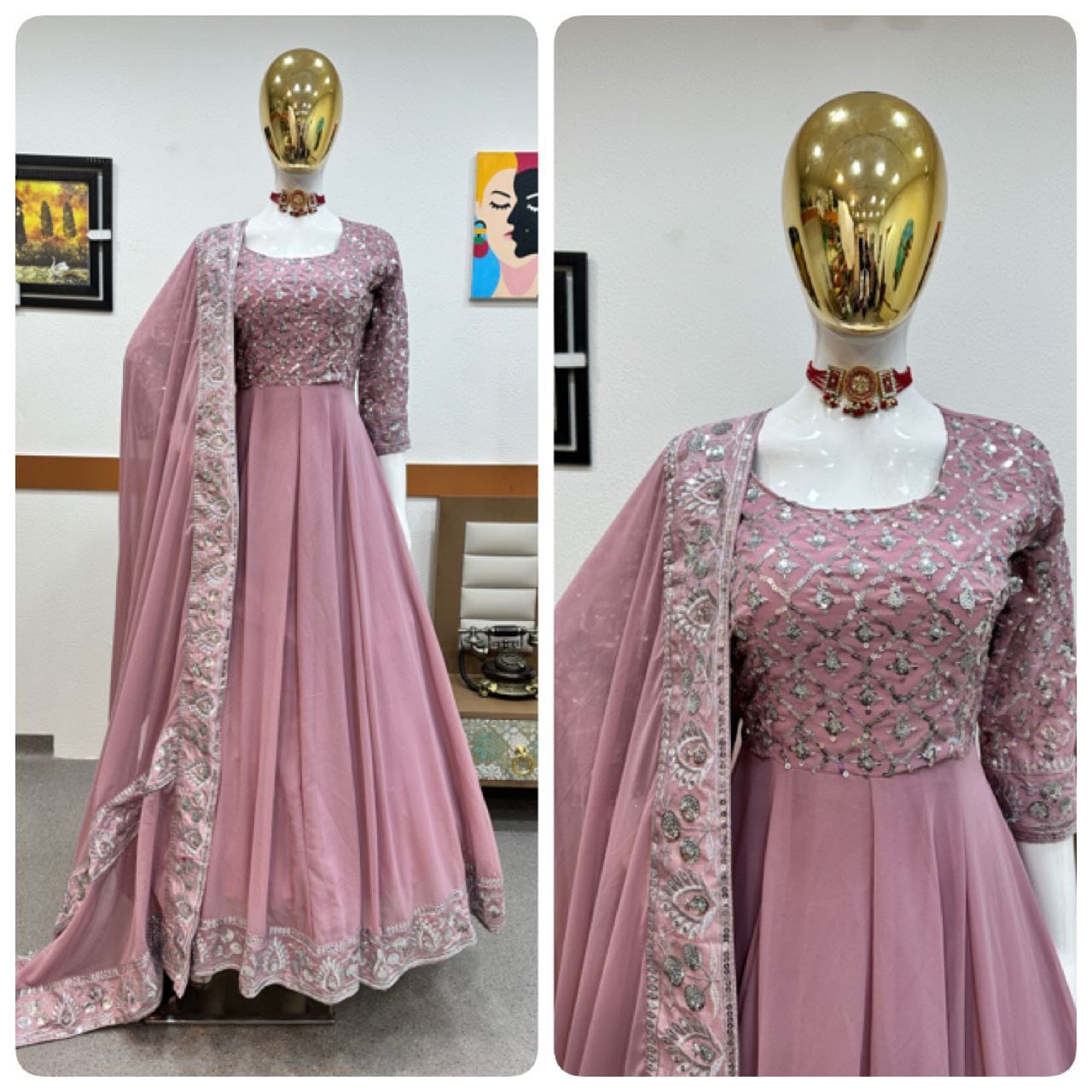 light pink color gown in georgete fabric