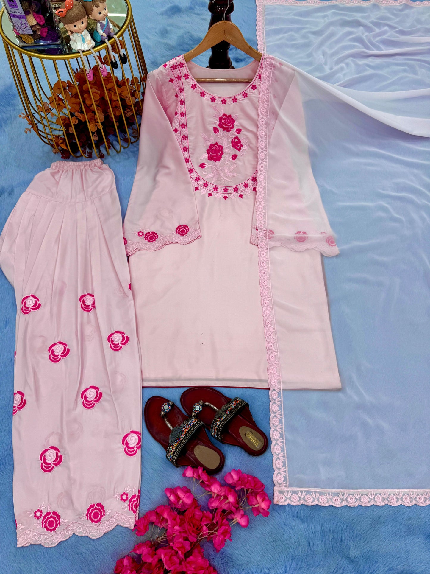 Party Wear Look Pure Natural Crepe Top & Farshi Palazzo With Dupatta Set