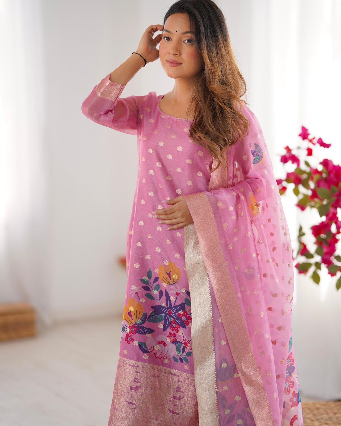 Pink Color Beautiful Chanderi Silk FAbric Dress