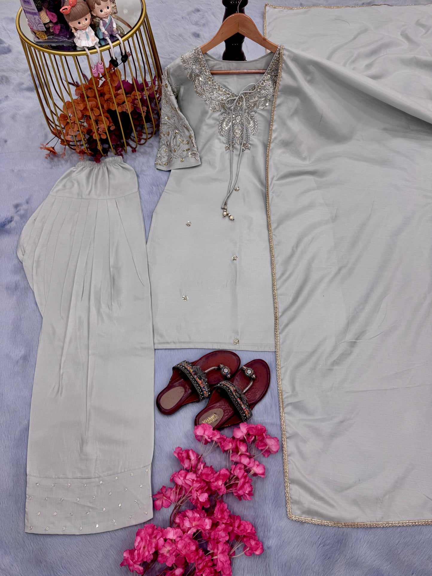 Party Wear Look Pur Natural Crepe Top & Farshi Palazzo With Dupatta Set