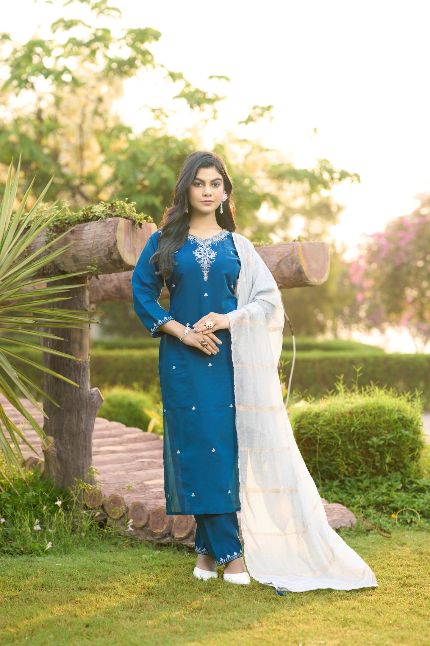 Blue Color Beautiful Summer Wear Dress in Roman silk Fabric
