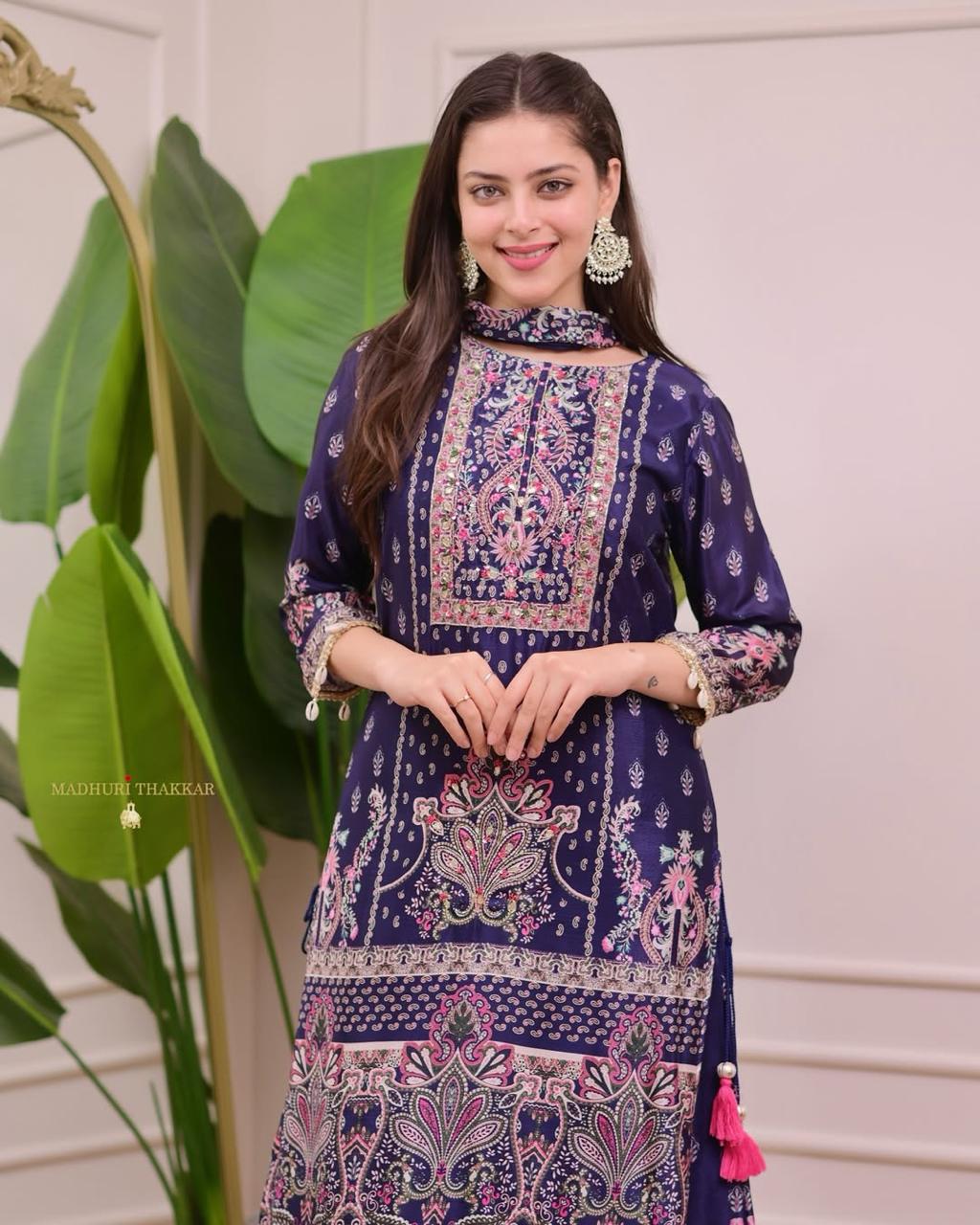 designer wear trending top with printed work with hand work with plazo and dupatta set