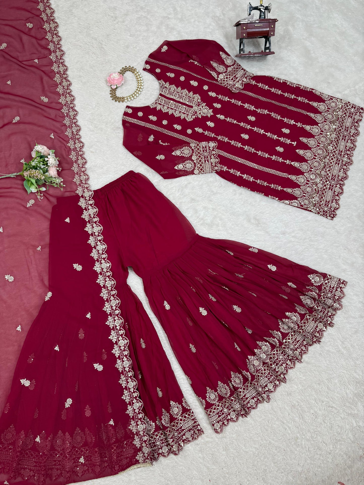 Maroon Red Color Beautiful Sharara Suit in Georgette Fabric
