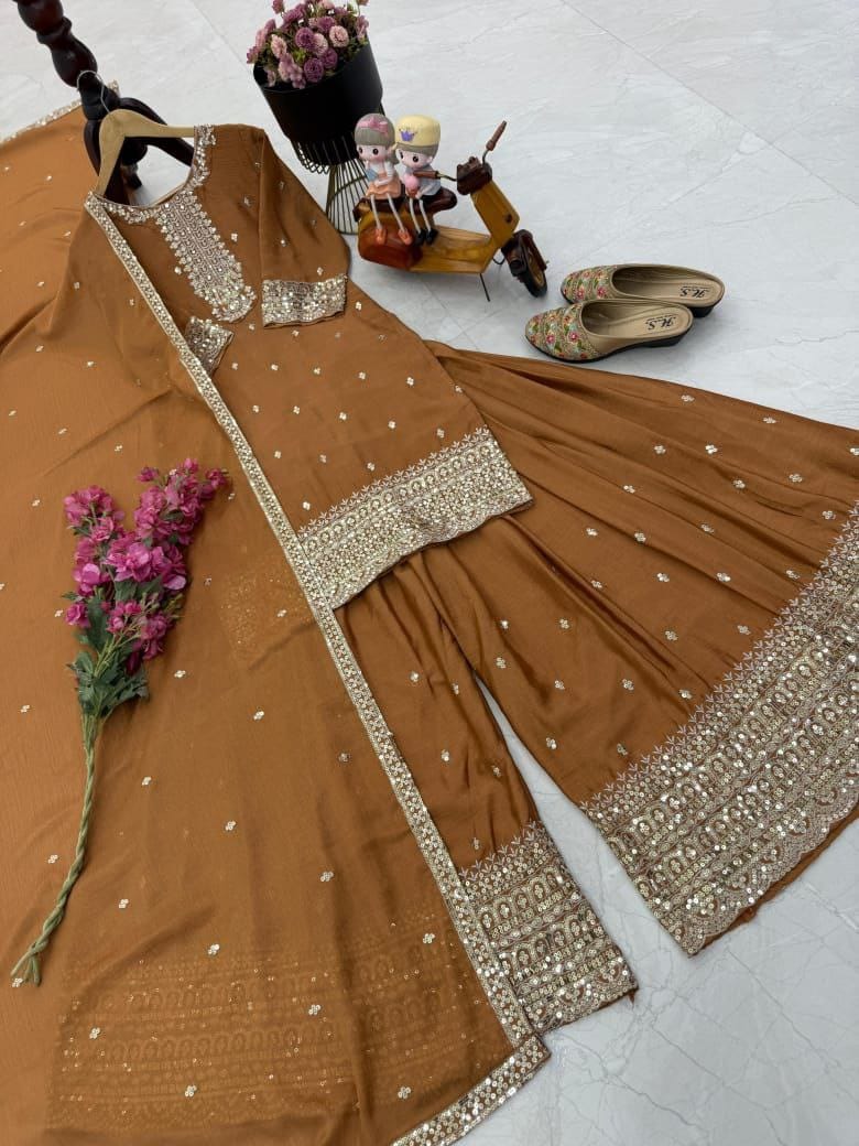 Designer Party Top Pallazo & Dupatta Set in brown color