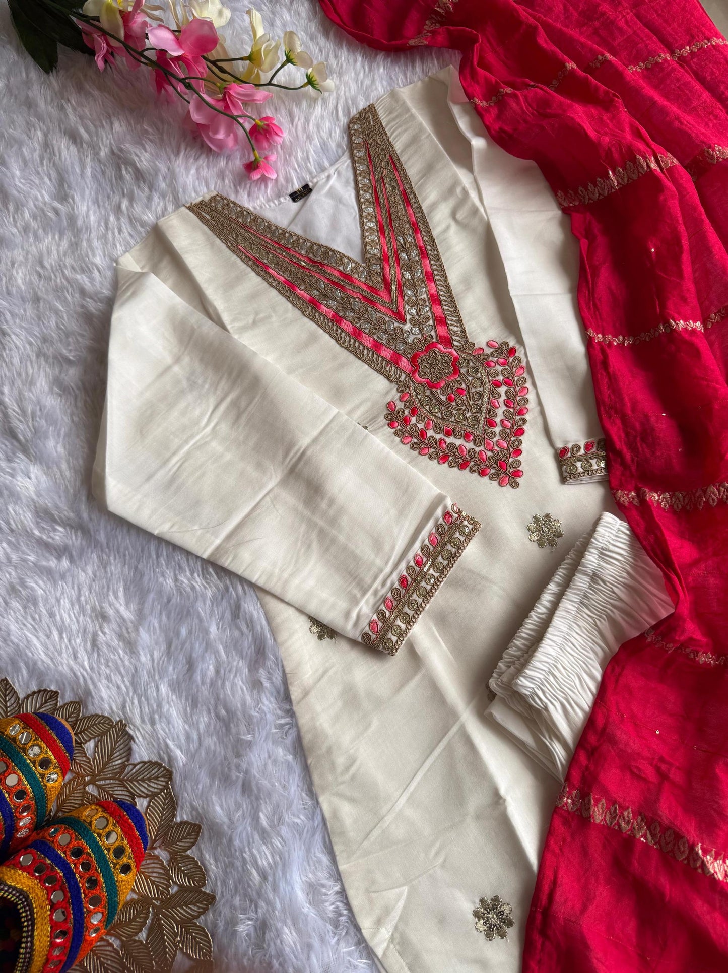 White Cream Color Beautiful Summer wear Dress in Roman Silk fabric