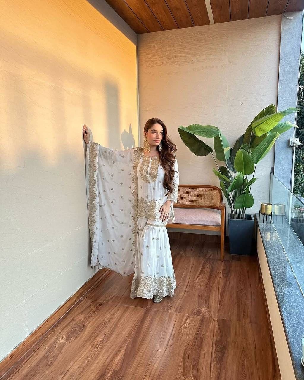 White Color Beautiful Sharara Suit in Silk Color