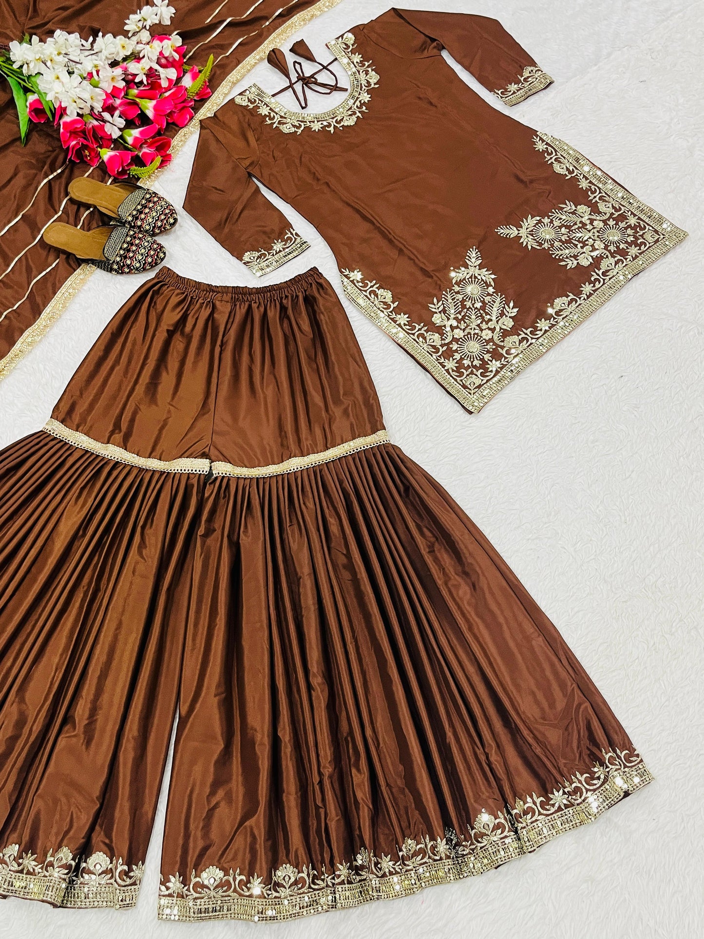 designer party wear look top sharara plazzo and dupatta