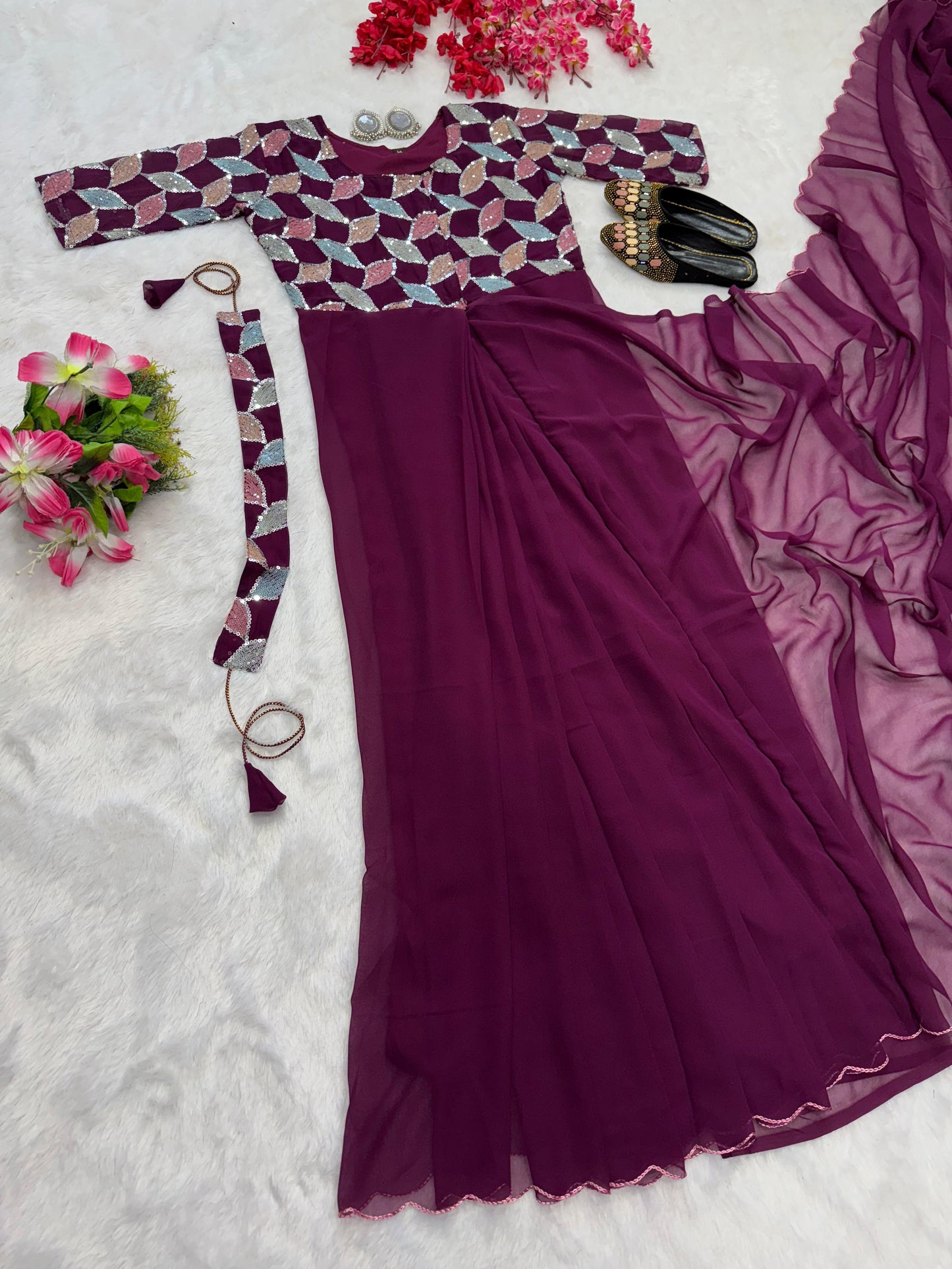 Purple color beautiful trending zip nd go embroidery saree