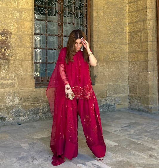 franch crap embroidered sequence work with fancy top-plazzo dupatta set