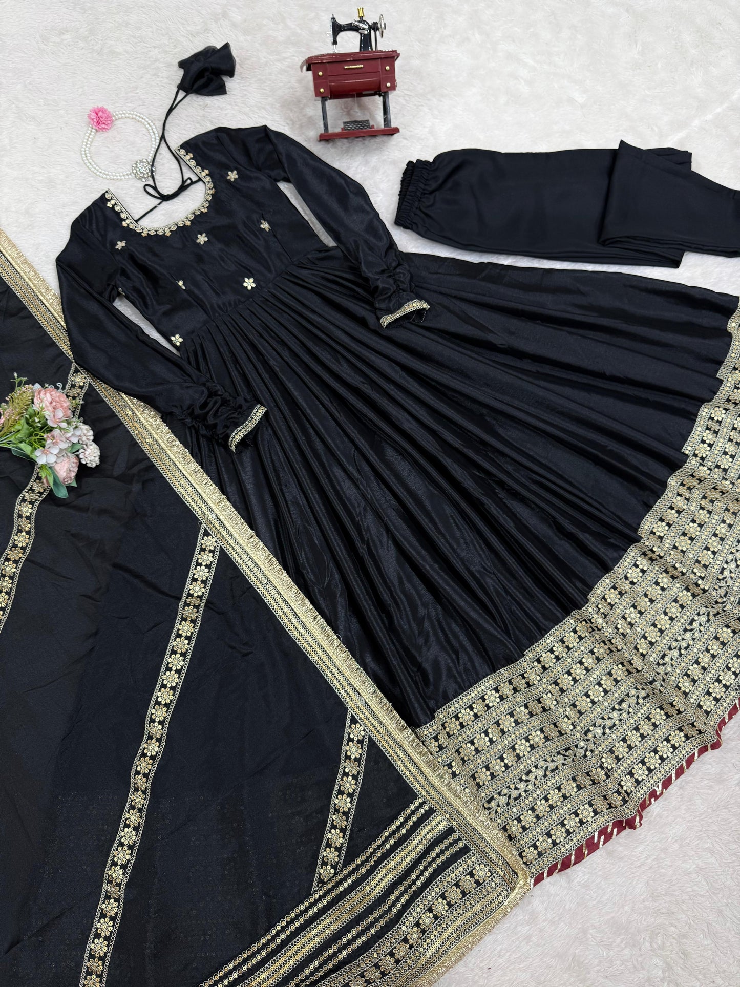 Black Color Beautiful Gown in Chinon Silk Fabric