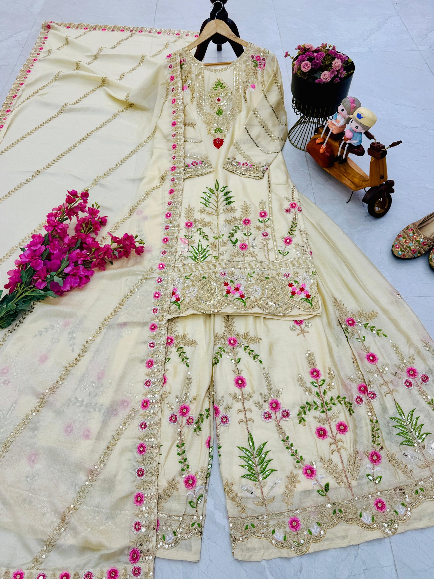 designer party sharara suit & dupatta set in cream white color