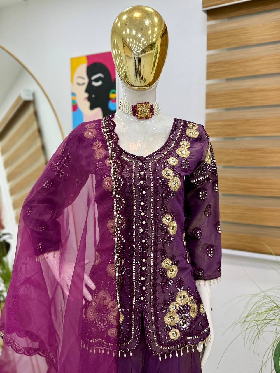 Designer Party Top Pallazo & Dupatta Set in purple color