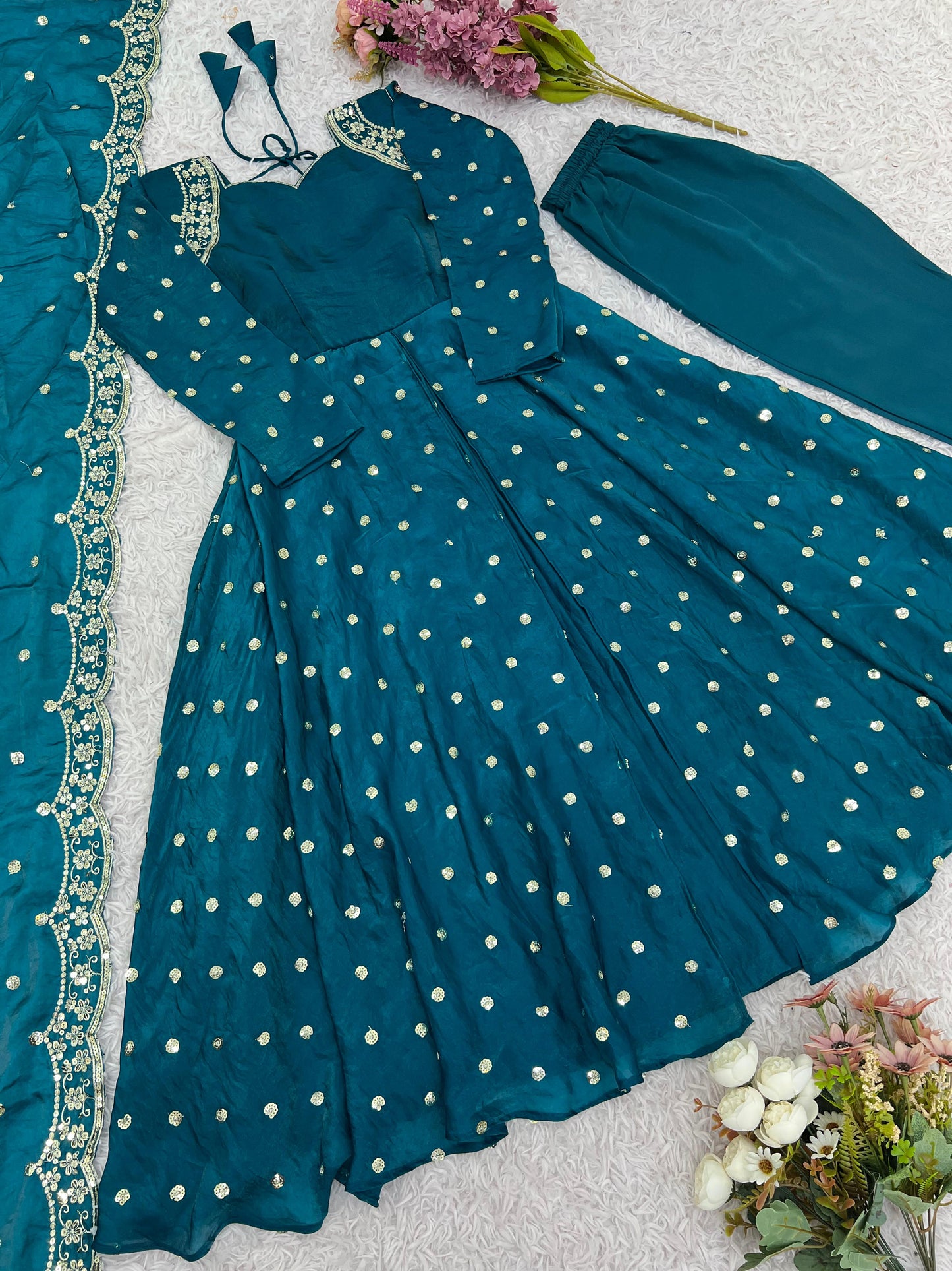 designer party wear look gown-dupatta and bottom with heavy embroidery sequence work