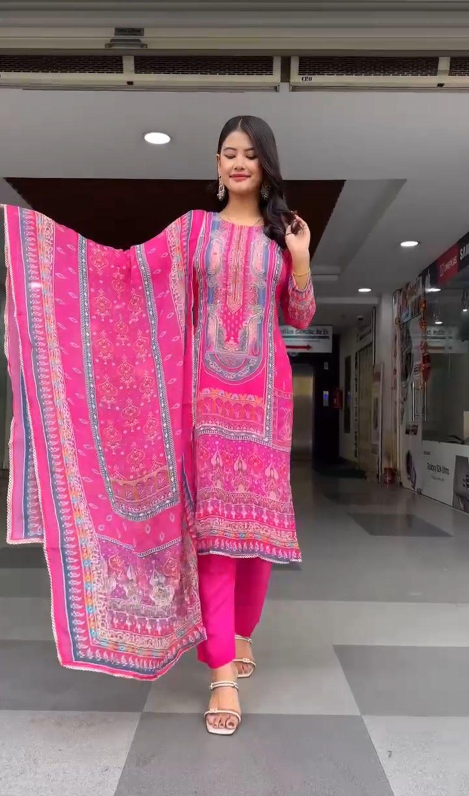 pink colour beautiful partywear dress in chinon fabric