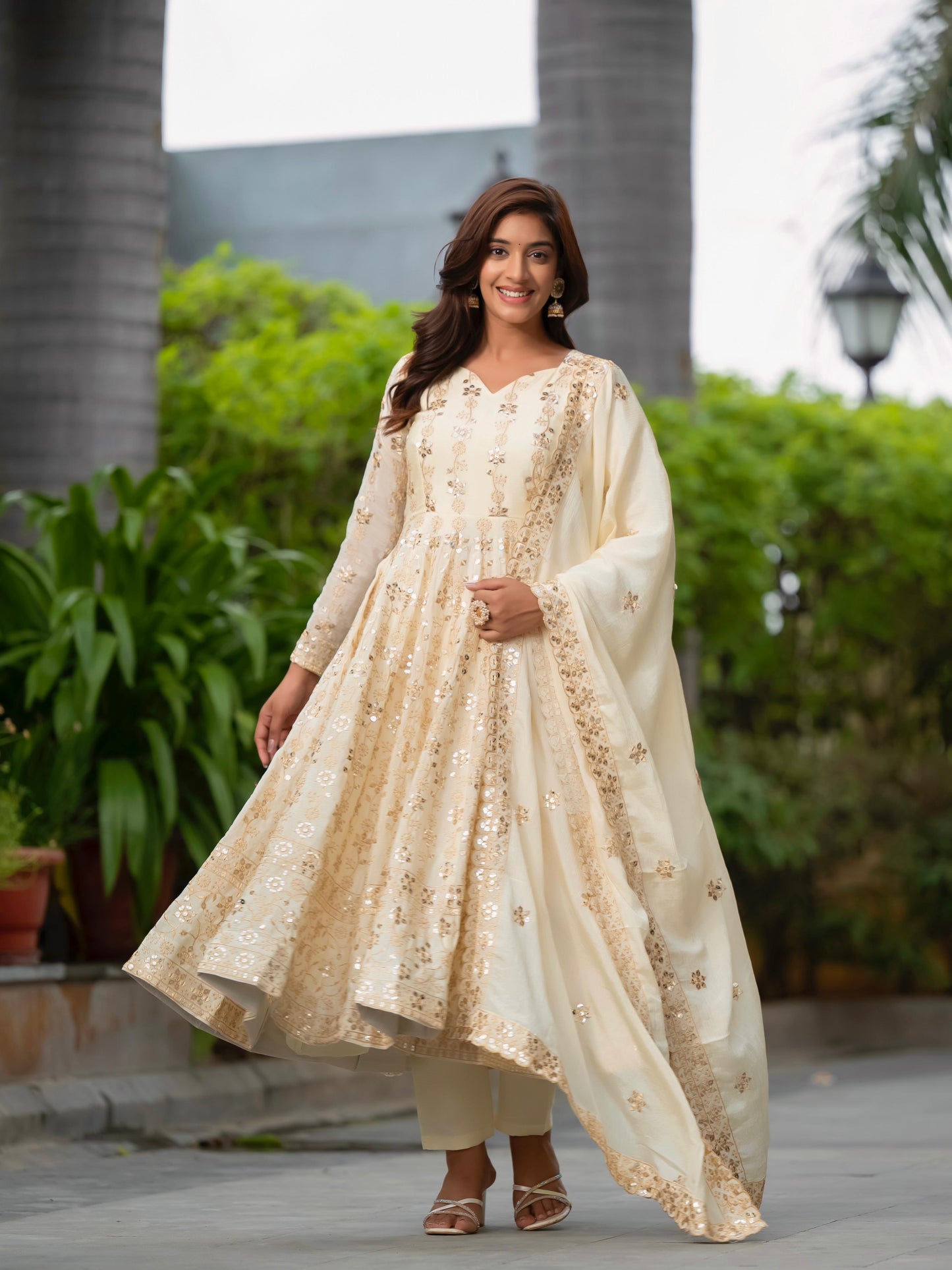 White Cream Color Beautiful Partywear Dress in Chinon Fabric