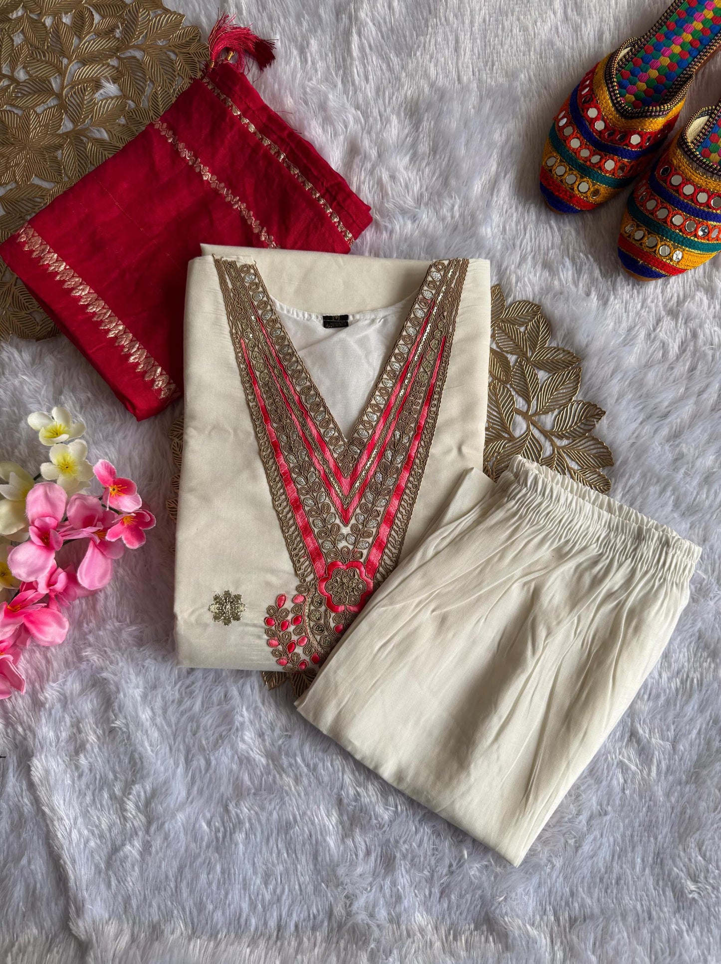 White Cream Color Beautiful Summer wear Dress in Roman Silk fabric