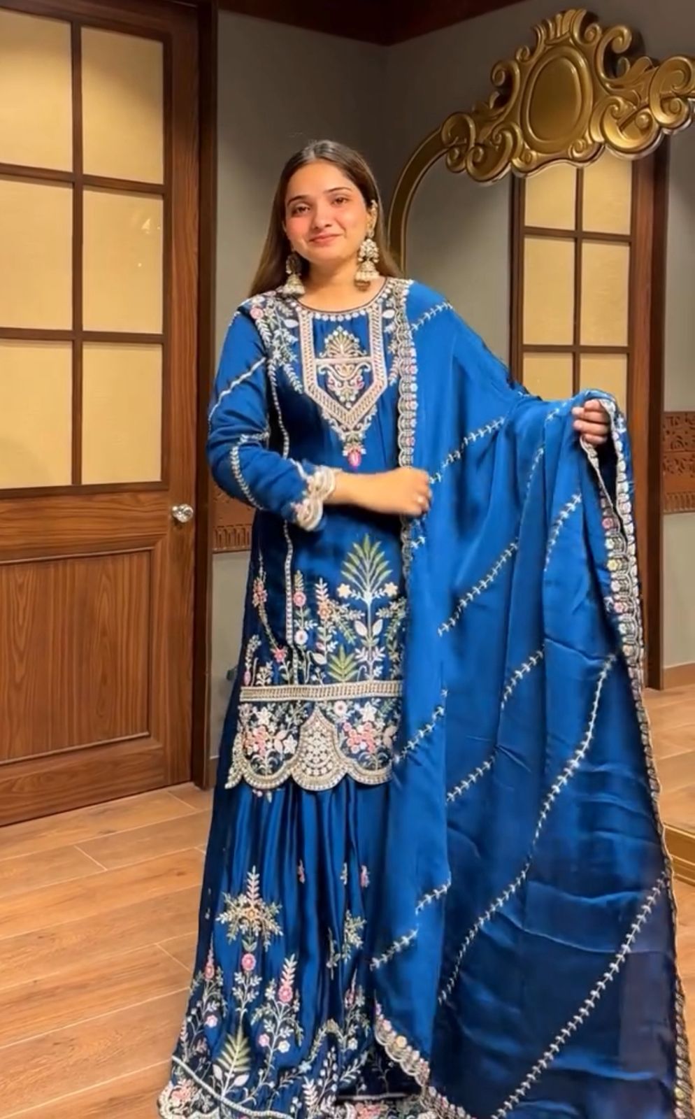 designer party sharara suit & dupatta set in blue color