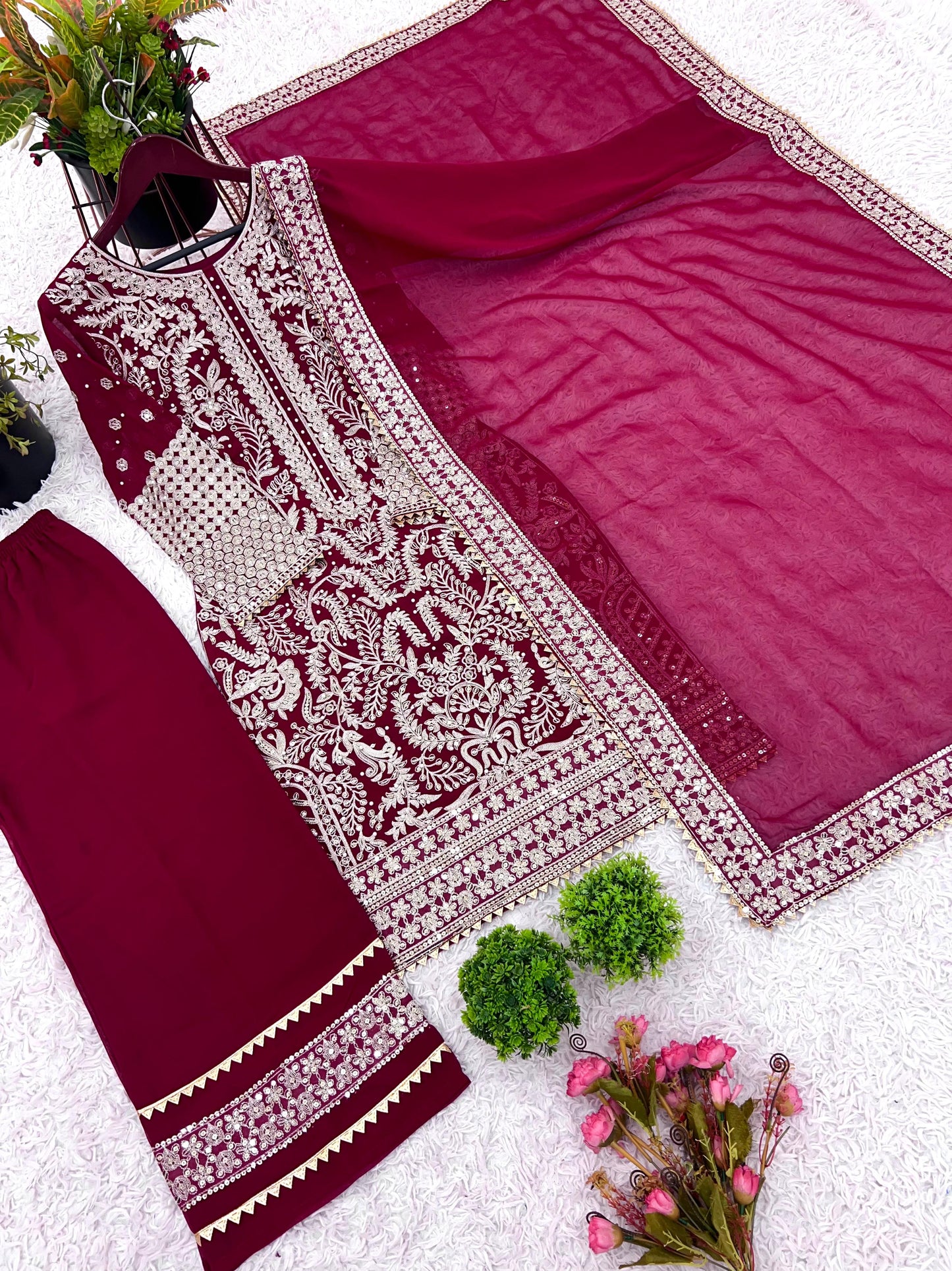 party wear look top-plazzo and dupatta with heavy embroidery work
