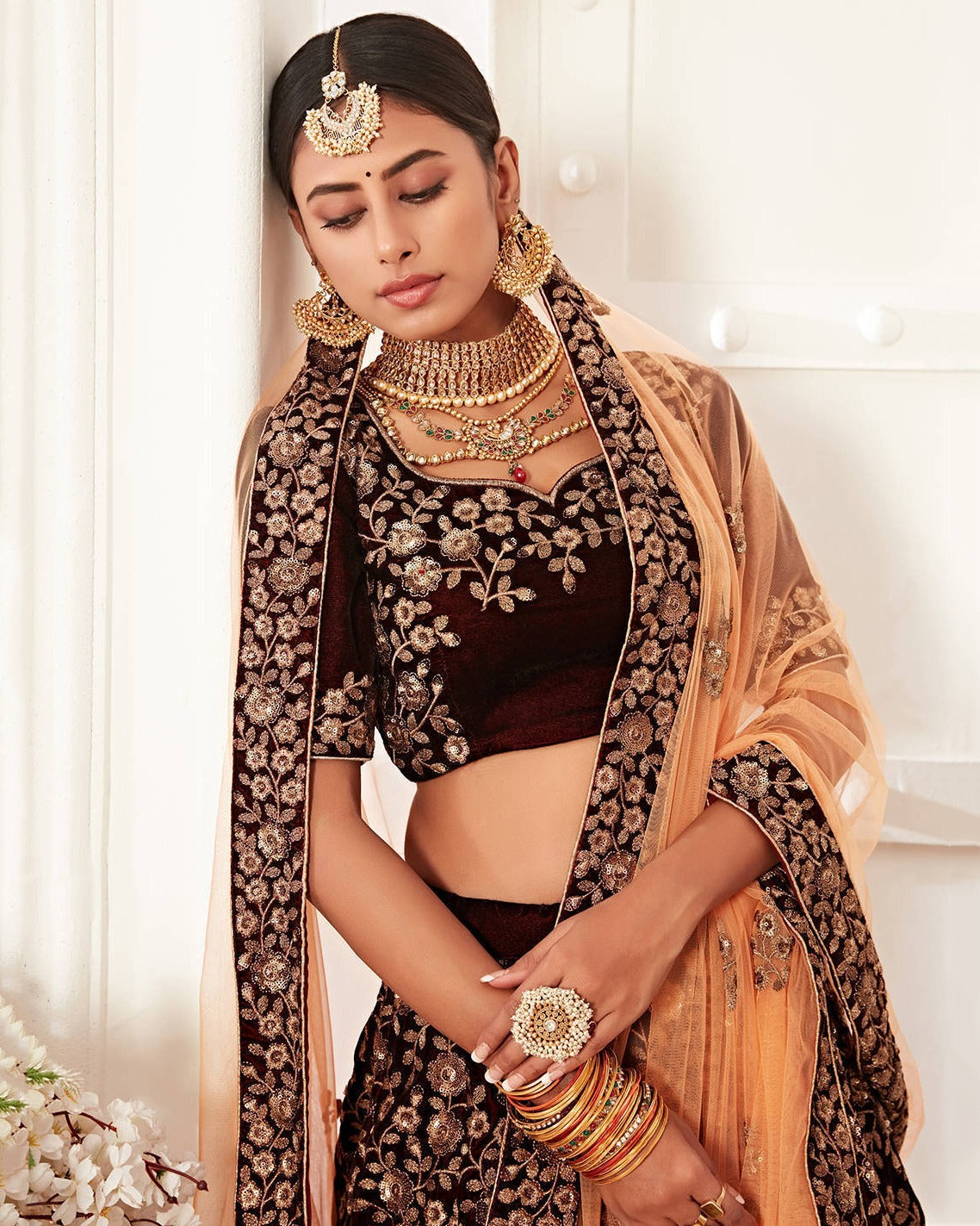 Majestic Maroon Velvet Lehenga