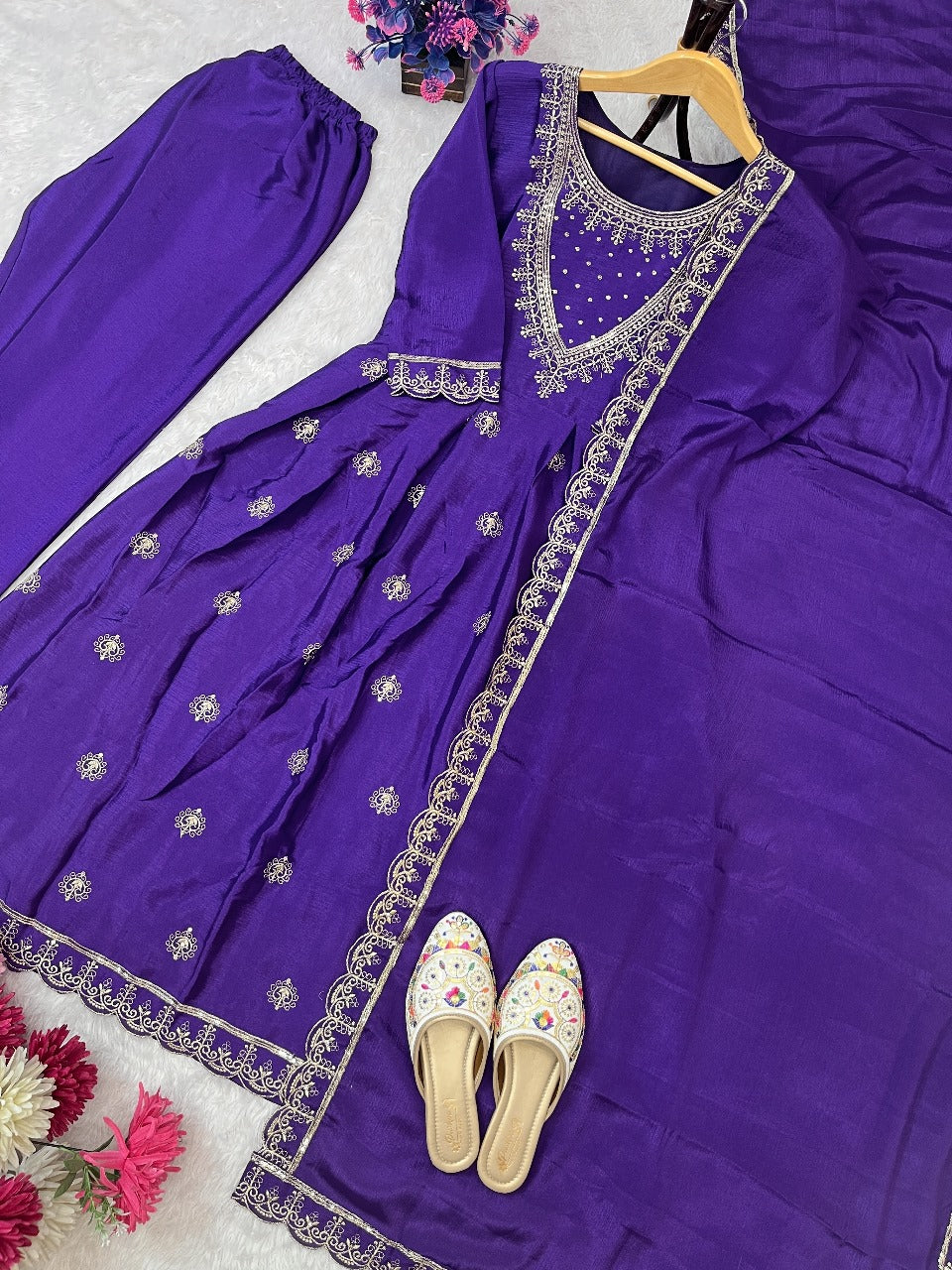 Purple Color Traditional Dress in Chinon Fabric