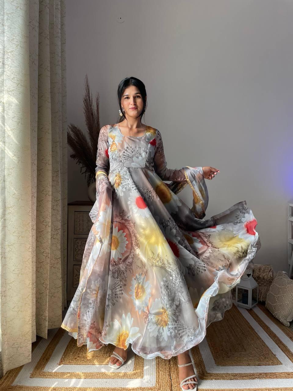 Party Wear Look Organza Taby Silk Gown With Dupatta Pant
