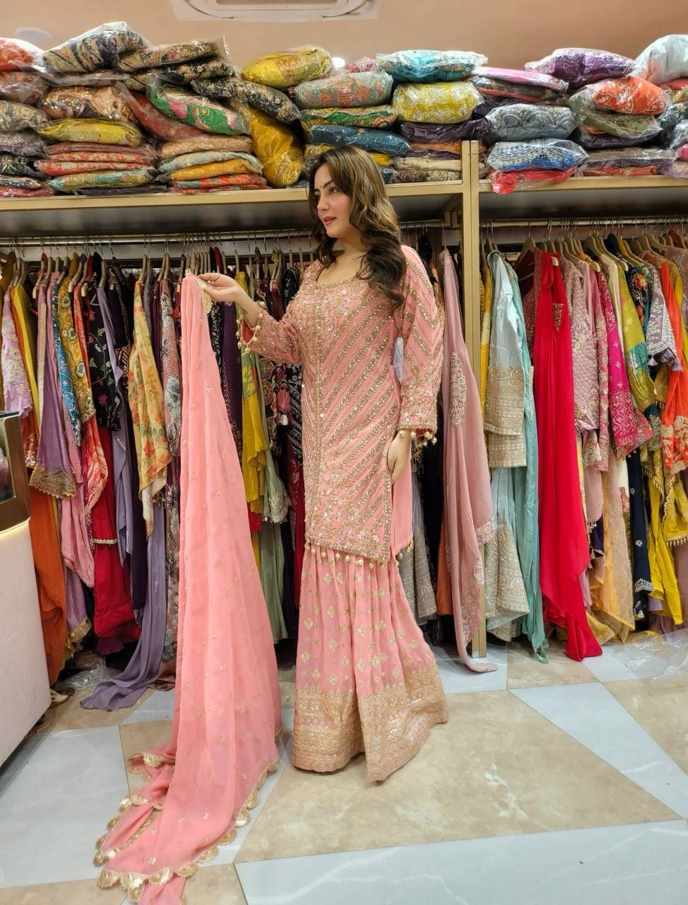 Pink Color Plazo suit in Goergette fabric