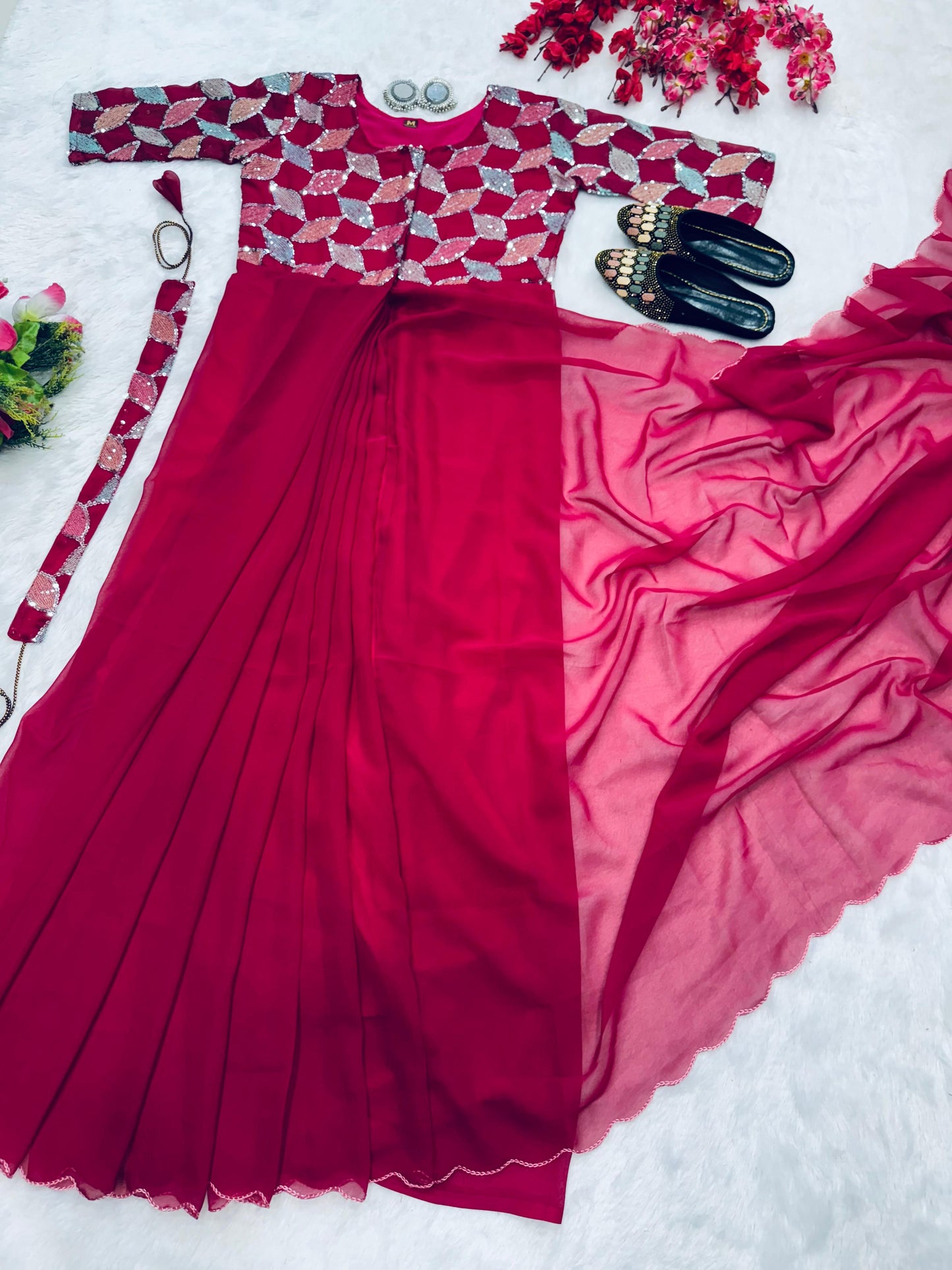 red color beautiful trending zip nd go embroidery saree