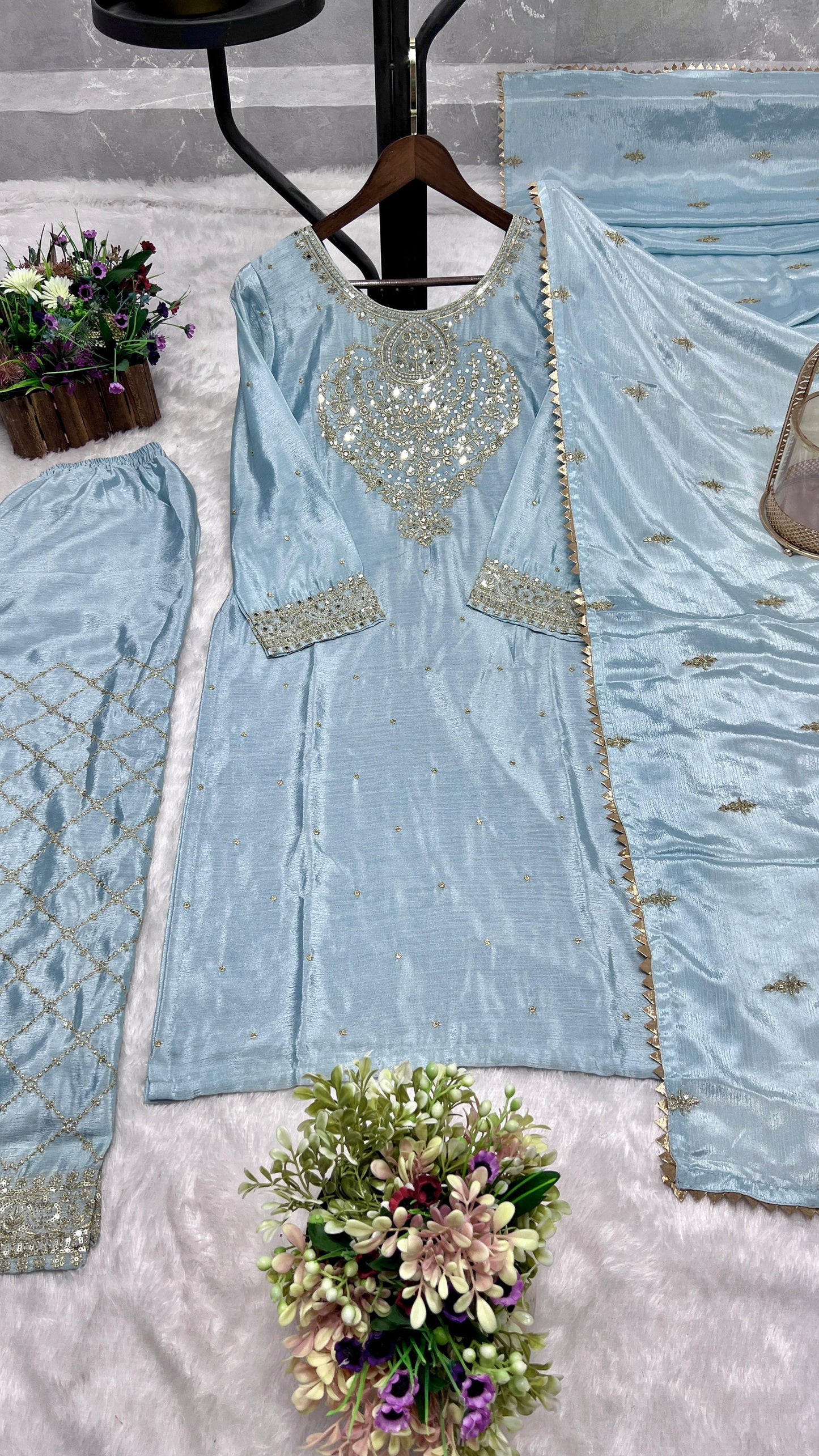 Sky Blue Color Beautiful PArtywear Dress in Chinon Fabric