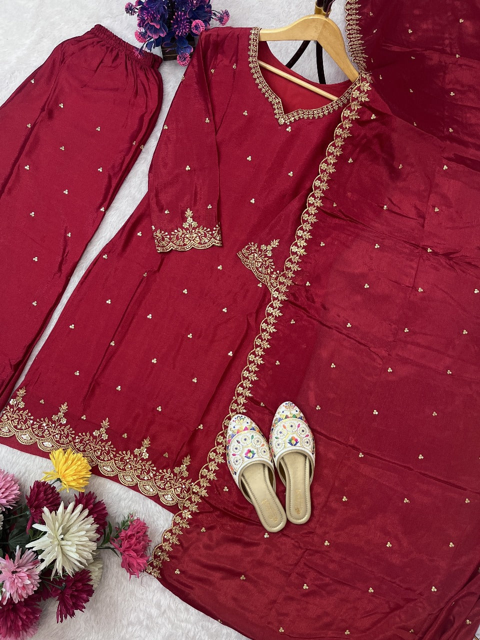 Red Color Festival Wear Dress in Chinon Silk Fabric