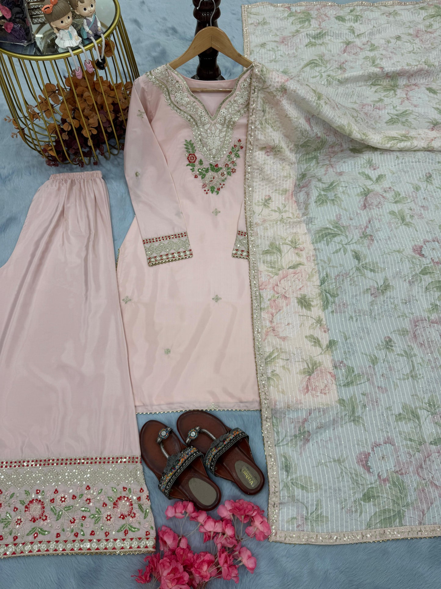 Đěsigner Party Wear Look Pur Natural Crepe Top & Palazzo With Dupatta Set