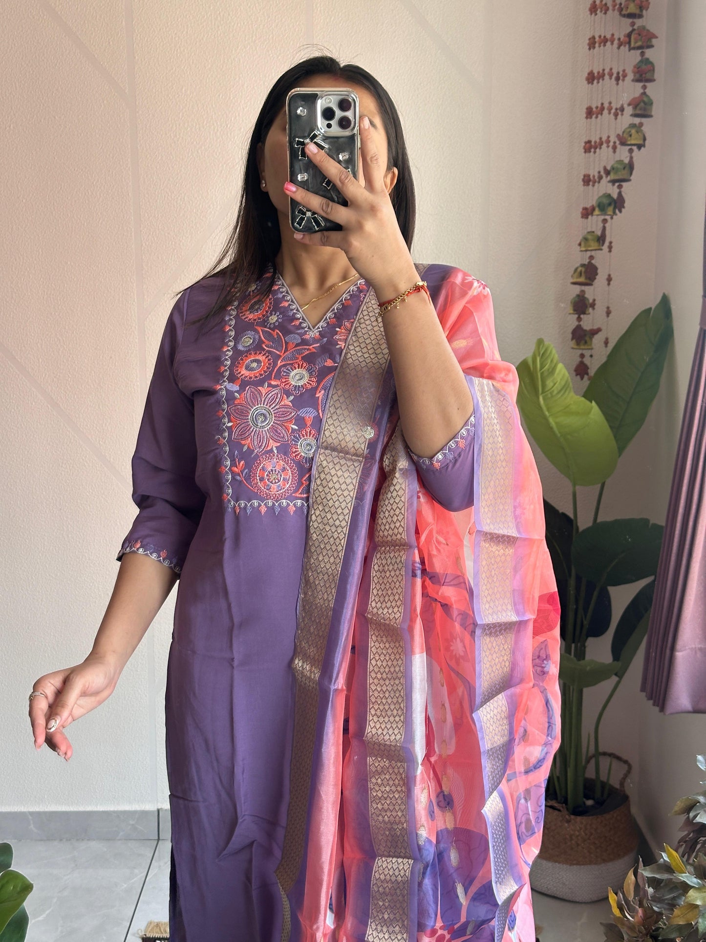 Voilet Color Beautiful Daily Wear Dress in Roman Silk Fabric
