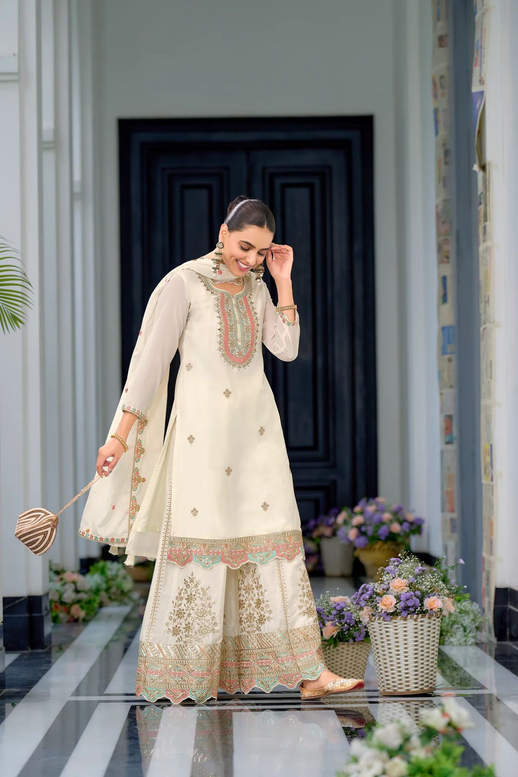 Designer Party Top Sharara & Dupatta Set in white color