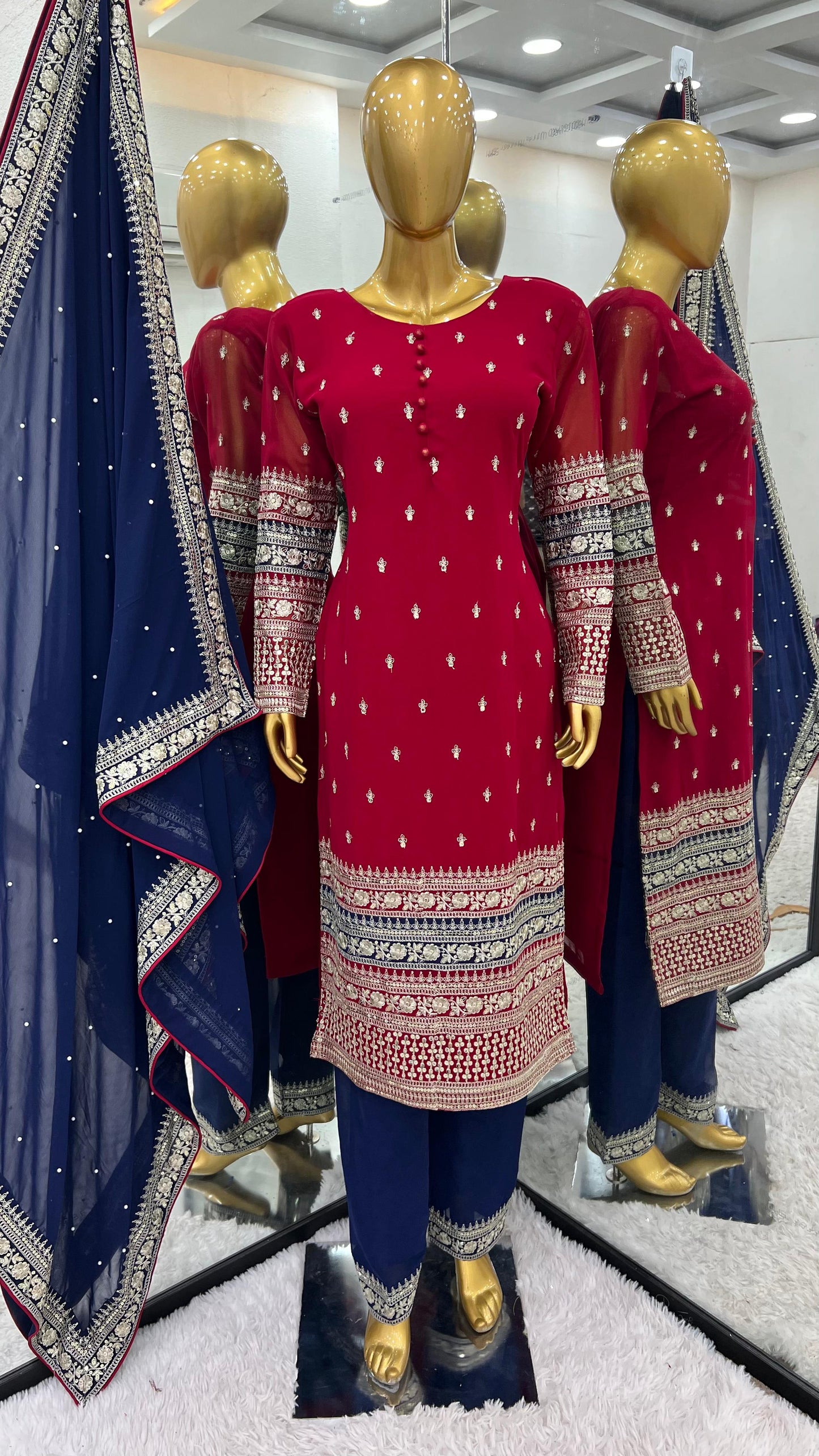 Maroon Red Blue Color Beautiful Partywear Dress in georgette fabric