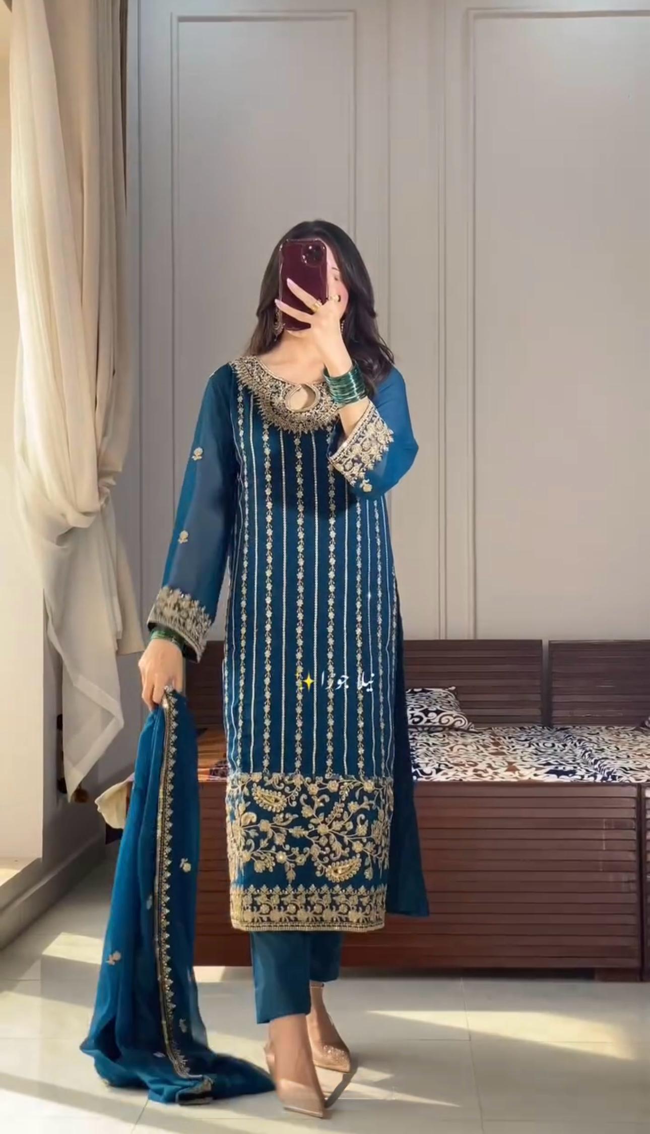 Blue Color Beautiful Partywear Dress IN Chinon Fabric