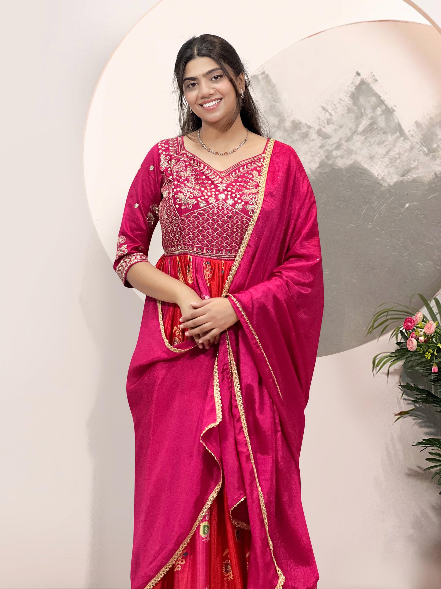 Pink Color ANarkali Gown in Silk Fabric with embroidery work