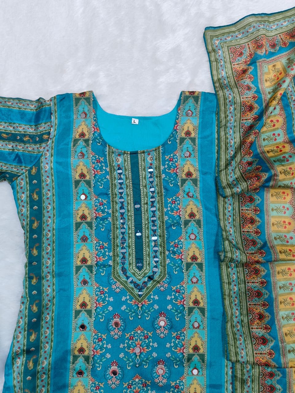 Trending Top With Printed Work With Mirror Work With Top Bottom And Dupatta Set