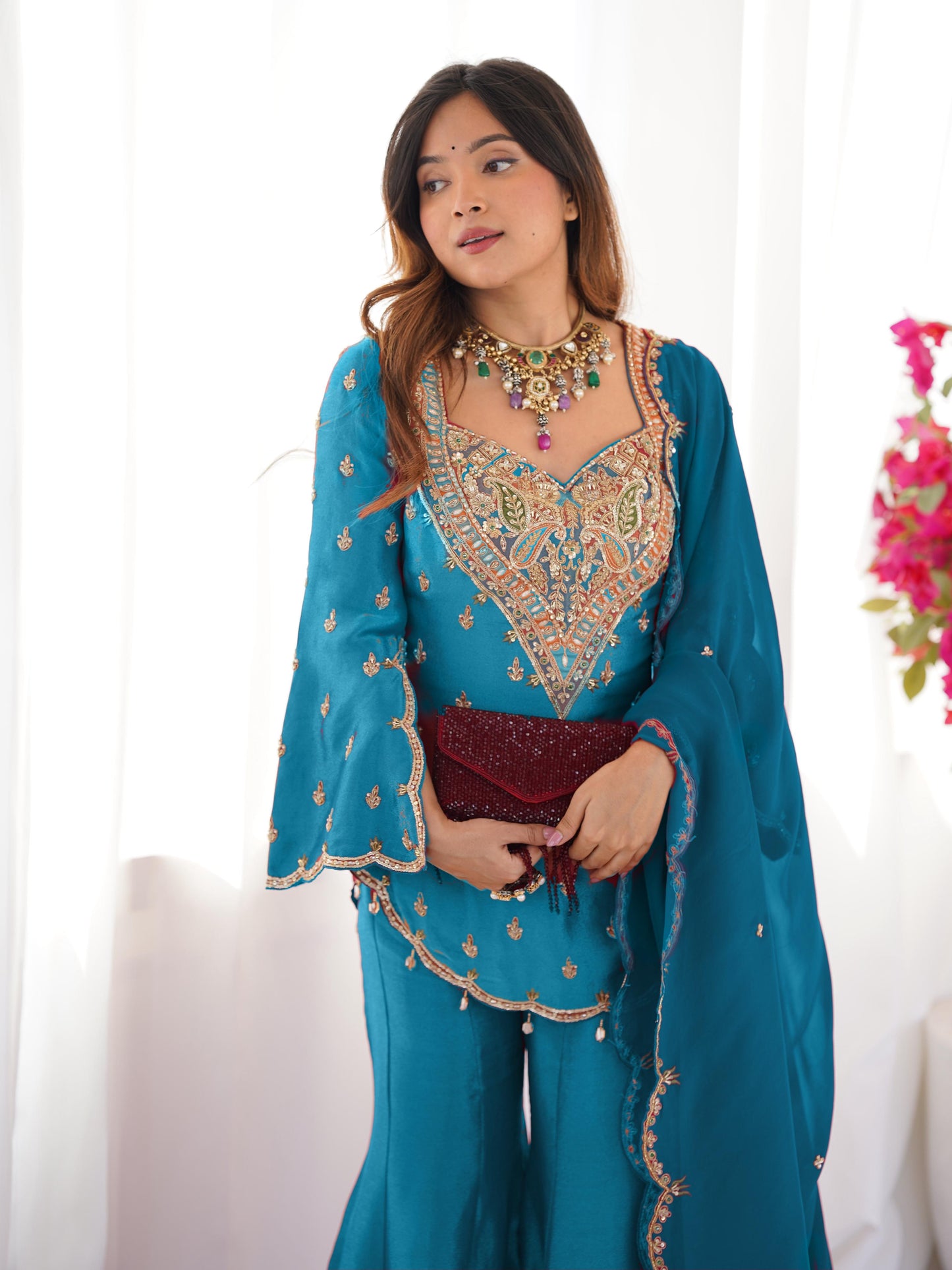 simar silk with embroidery work top-bottom and dupatta set fully stitched ready to wear