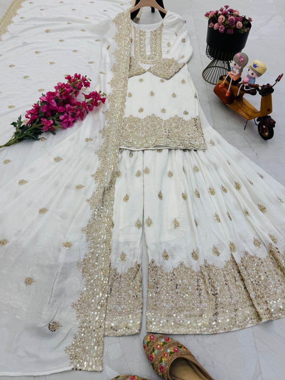 White Color Beautiful Sharara Suit in Silk Color