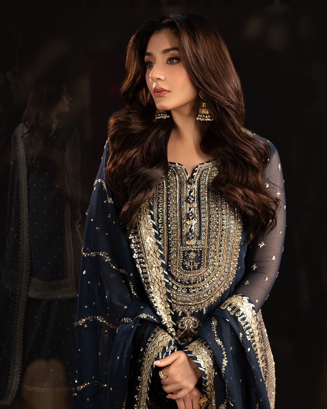 Navy BLue Color Embroidery Sequence Work Top-Sharara And Dupatta Set Fully Stitched