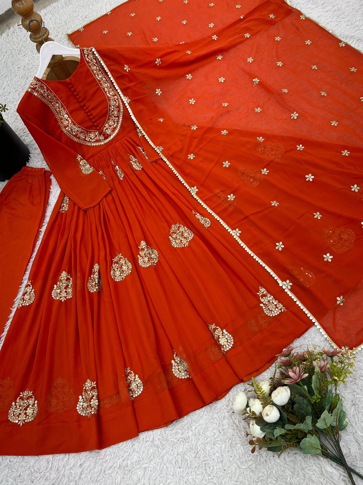 georgette with embroidery sequence work gown and dupatta set fully stitched