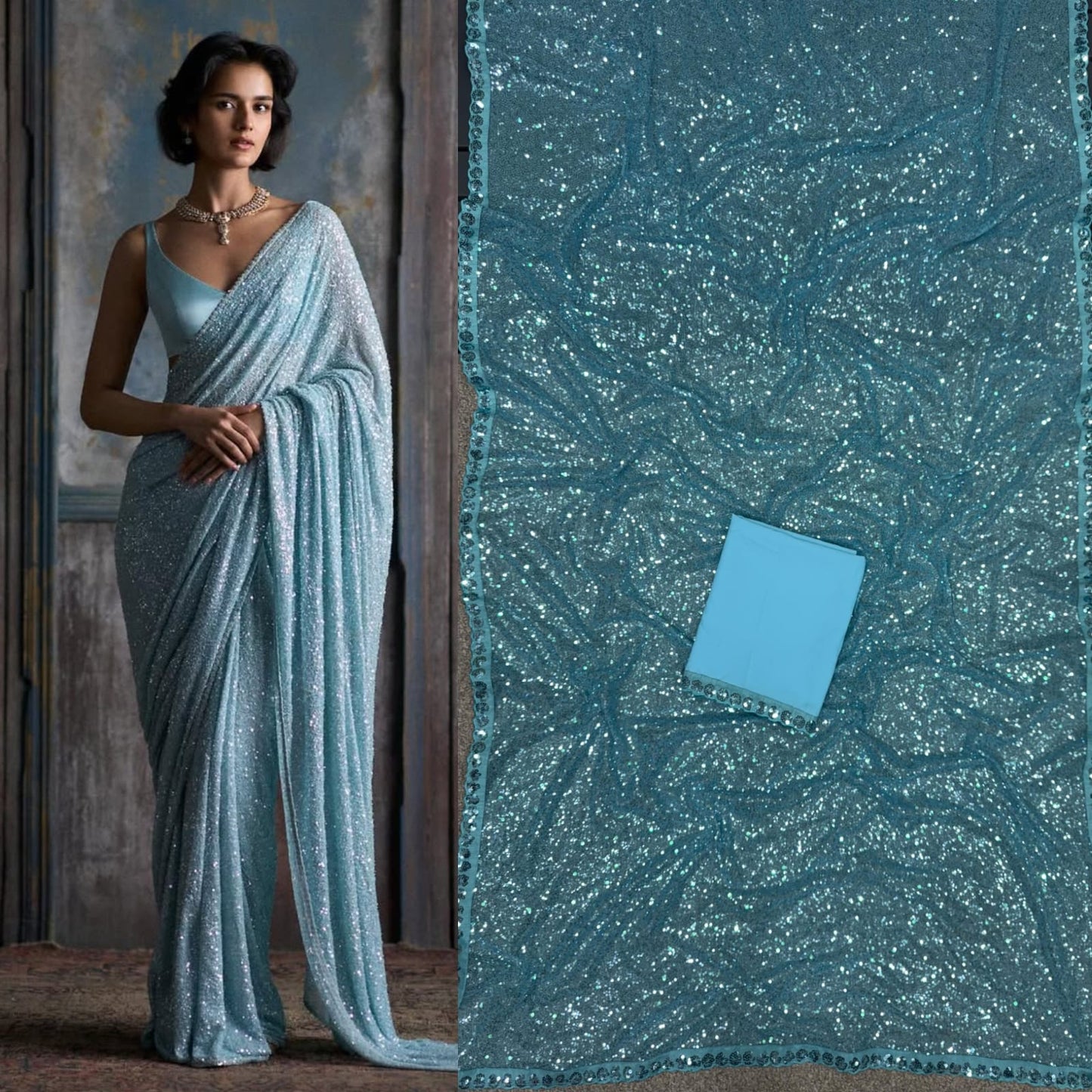 Sky BLue Color Beautiful Bollywood Blockbuster Sequins Saree