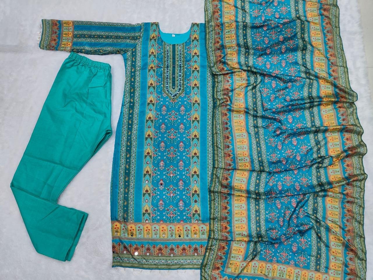 Trending Top With Printed Work With Mirror Work With Top Bottom And Dupatta Set