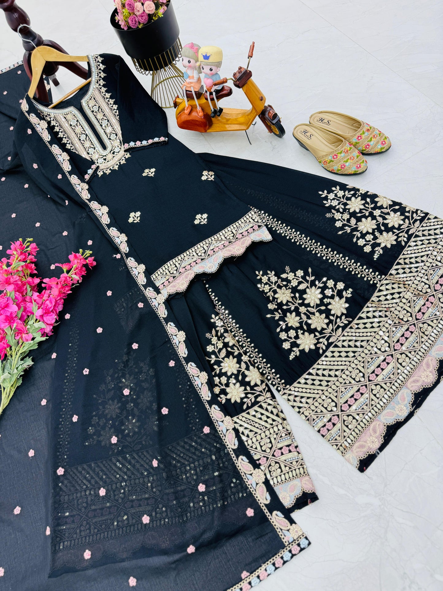 Designer Party Top Sharara & Dupatta Set in black color